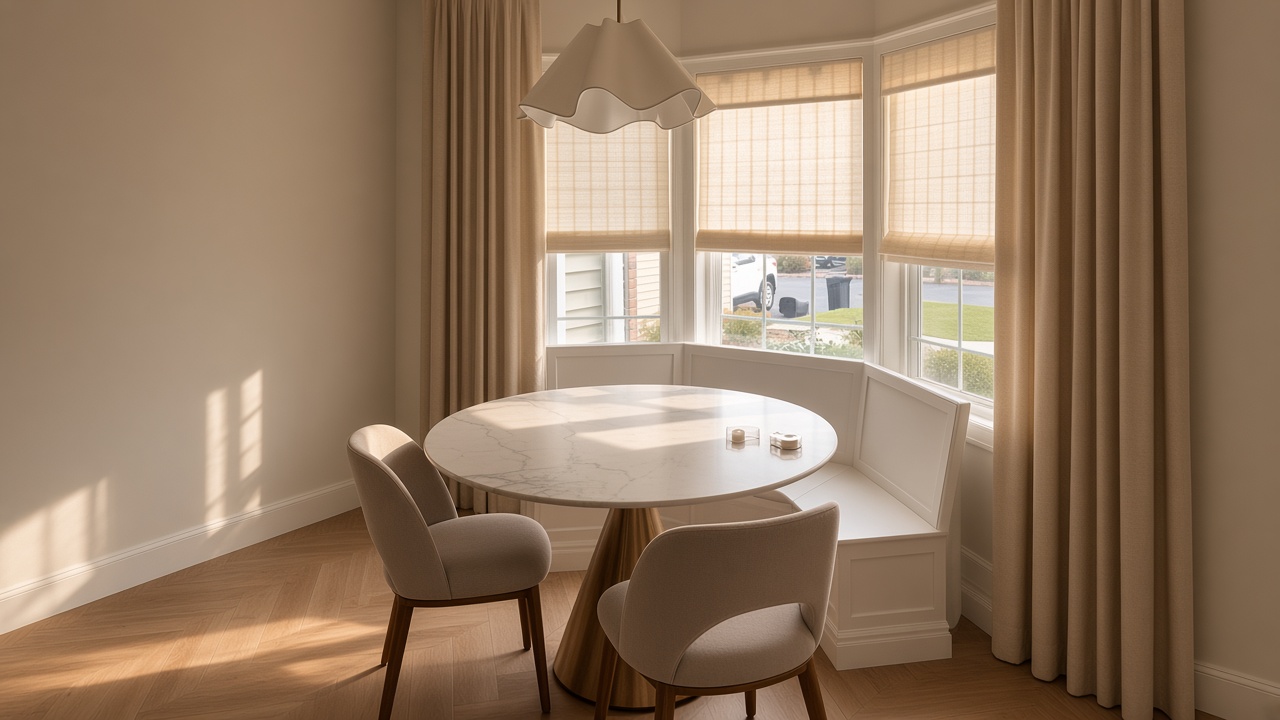 Woven-wood roman shades in a white bay breakfast nook