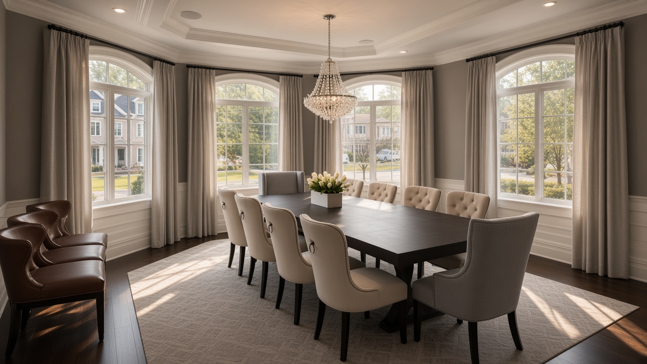 Dining room, grey walls, pale drapery on arched windows, dark rod, crystal chandelier