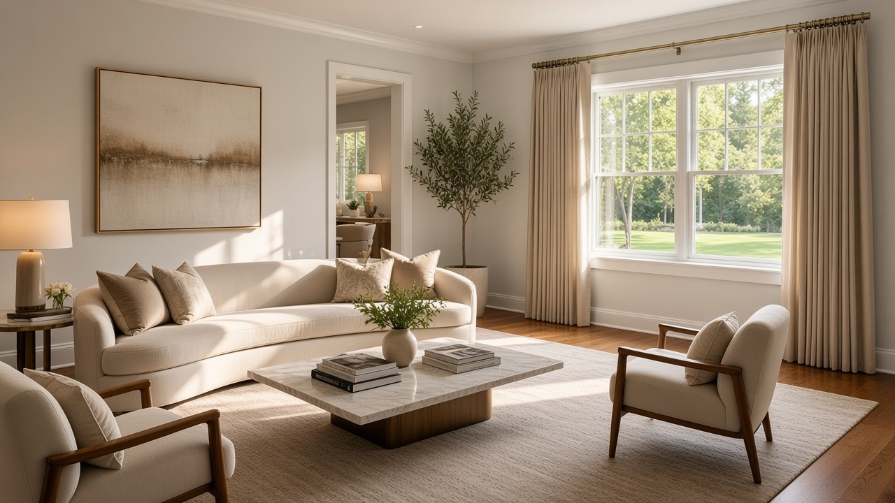 Ivory pinch-pleat drapery on a brass rod, white trim, summer lawn outside