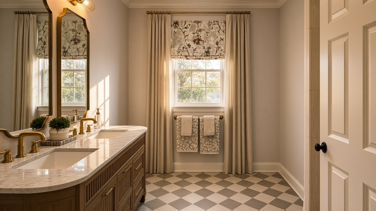 Powder room floral roman shade, brass faucet and hardware, marble, checker floor