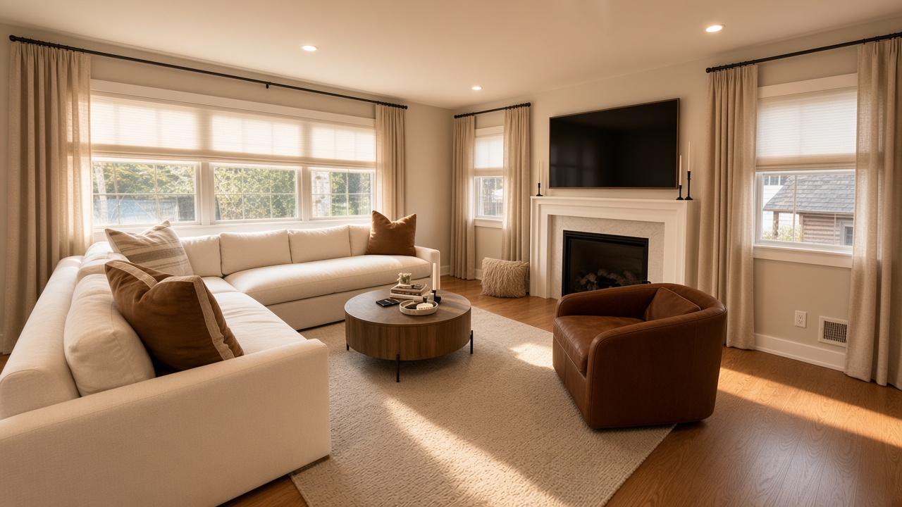 Family room with white roman shades, white sectional, fireplace