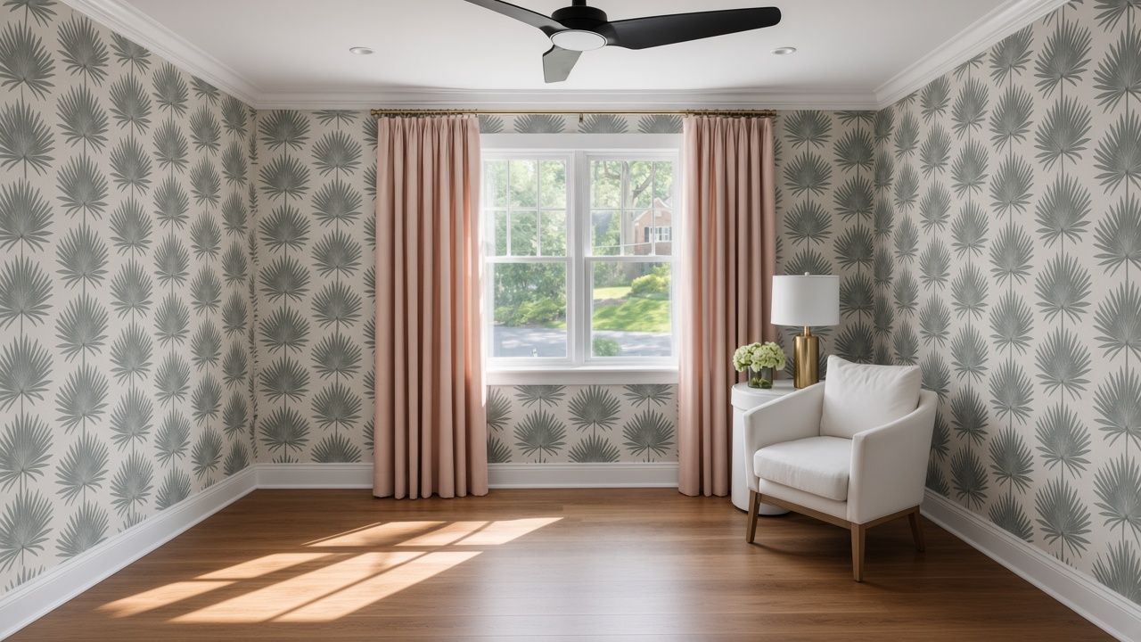 Blush pinch-pleat drapery, palm wallpaper, brass rod